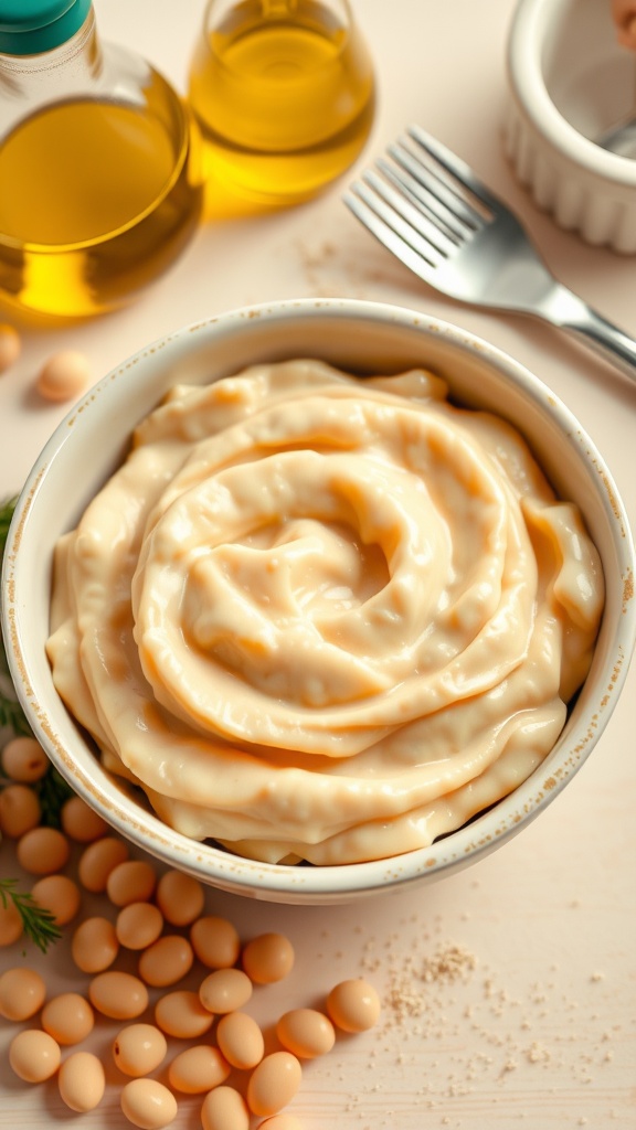 Smooth mashed beans in a bowl, suitable for baby food, with ingredients around it.